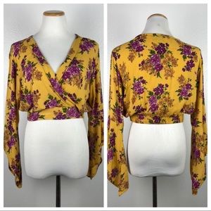 ANGIE Bohemian Cropped Floral Faux Wrap Blouse